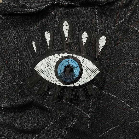 OOAK Upcycled Reworked Black Sequin Patch Eye Bee Franken Hoodie Sweatshirt S/M - Picture 4 of 5